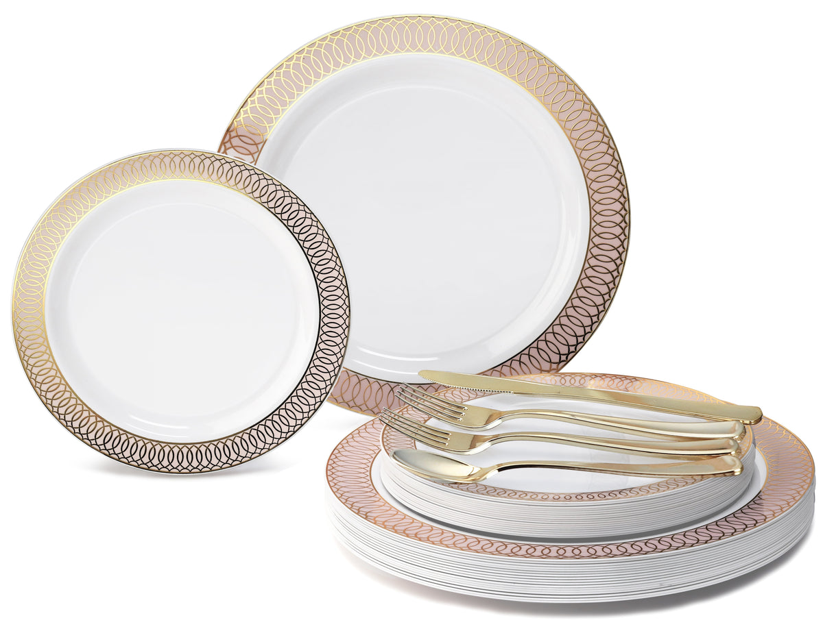 Venice White Blush & Gold +Gold Silverware Combo- 750 Pieces/ 125 Guest
