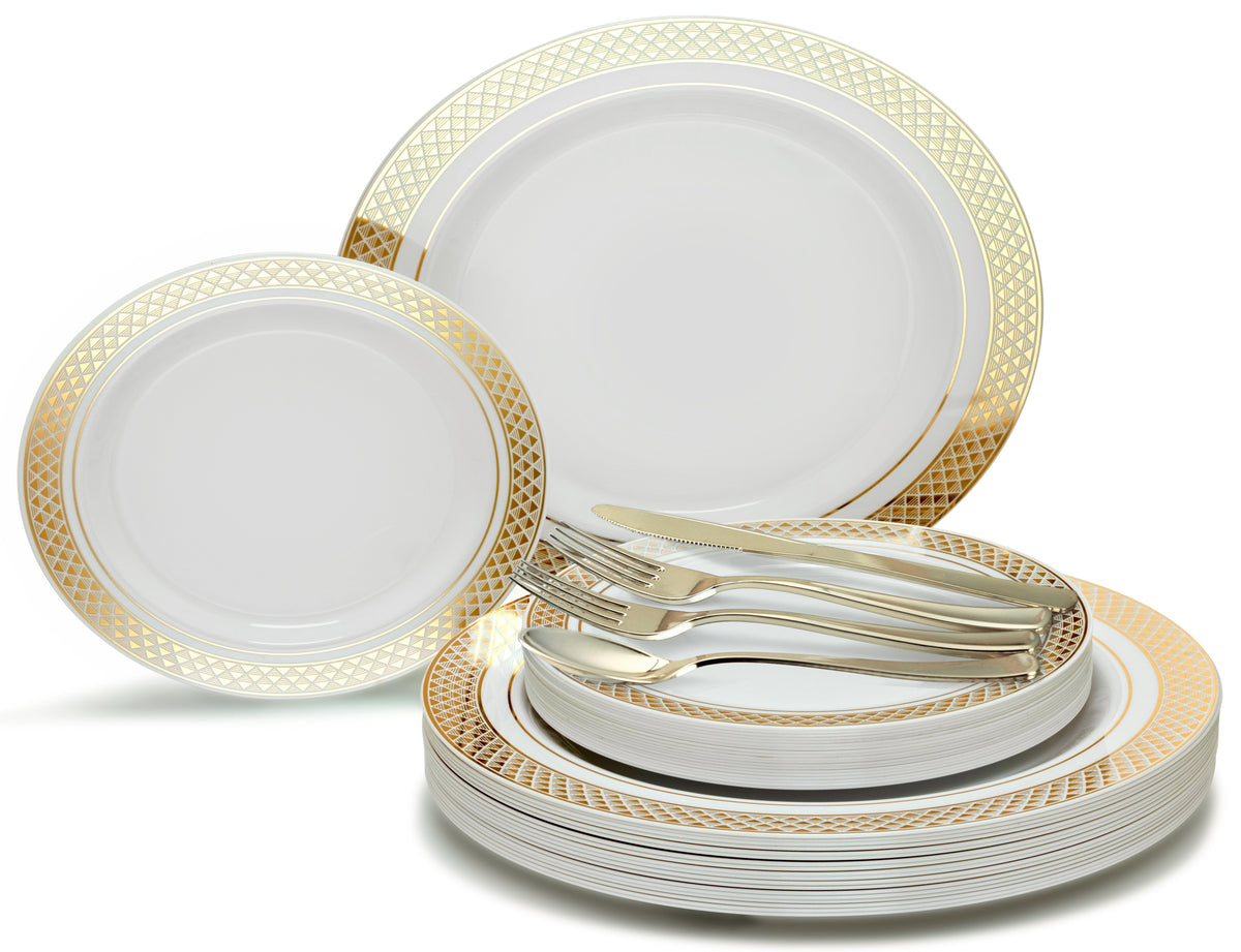Celebration White & Gold + Gold Silverware Combo- 750 Pieces/ 125 Guest