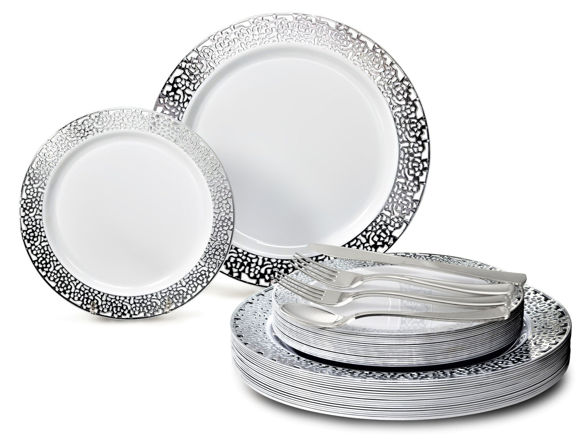 Florence White & Silver + Silver Silverware Combo- 750 Pieces/ 125 Guest