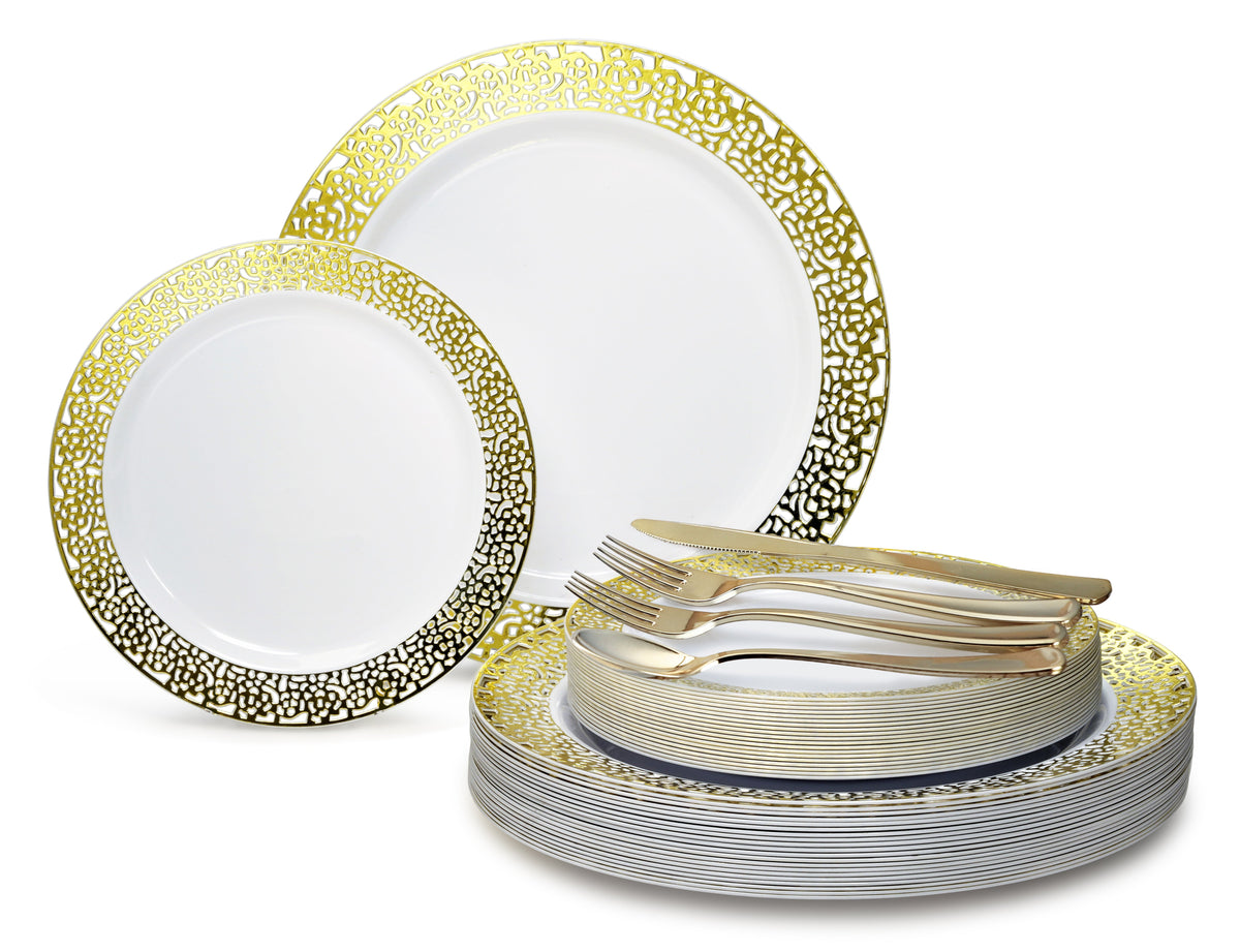 Florence White & Gold + Gold Silverware Combo- 750 Pieces/ 125 Guest